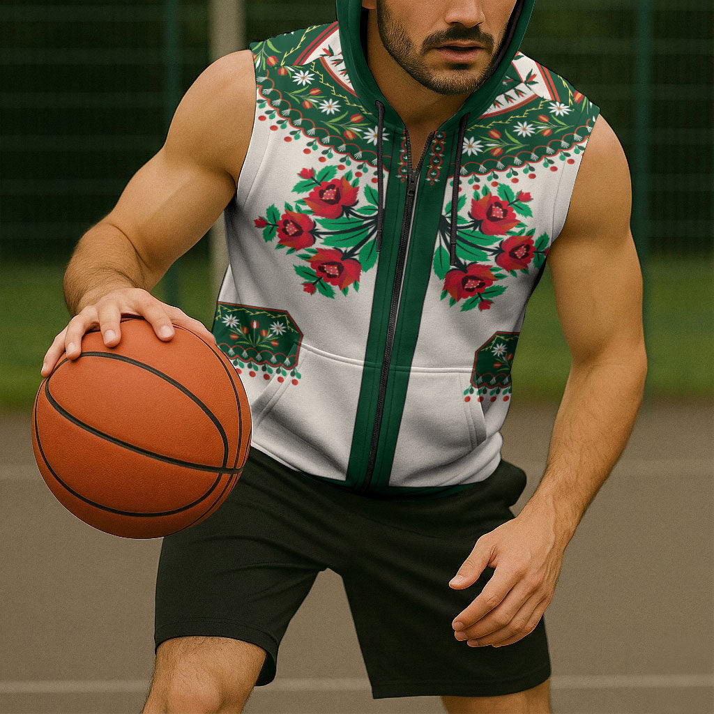 Polish Highlander Folk Costume Sleeveless Zip Hoodie Podhale Heritage Floral Style