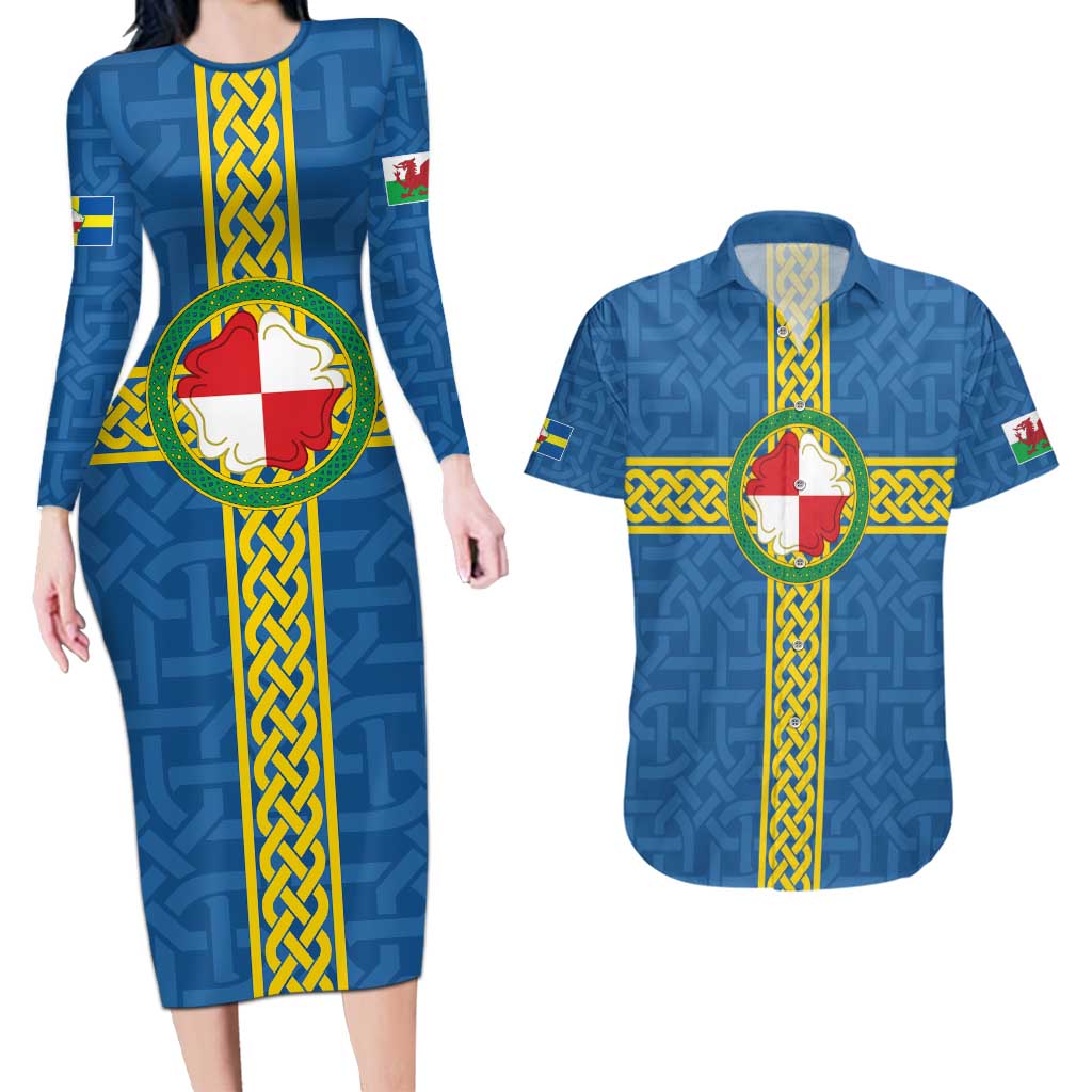 Pembrokeshire Wales Couples Matching Long Sleeve Bodycon Dress and Hawaiian Shirt Flag And Map Celtic Style - Wonder Print Shop
