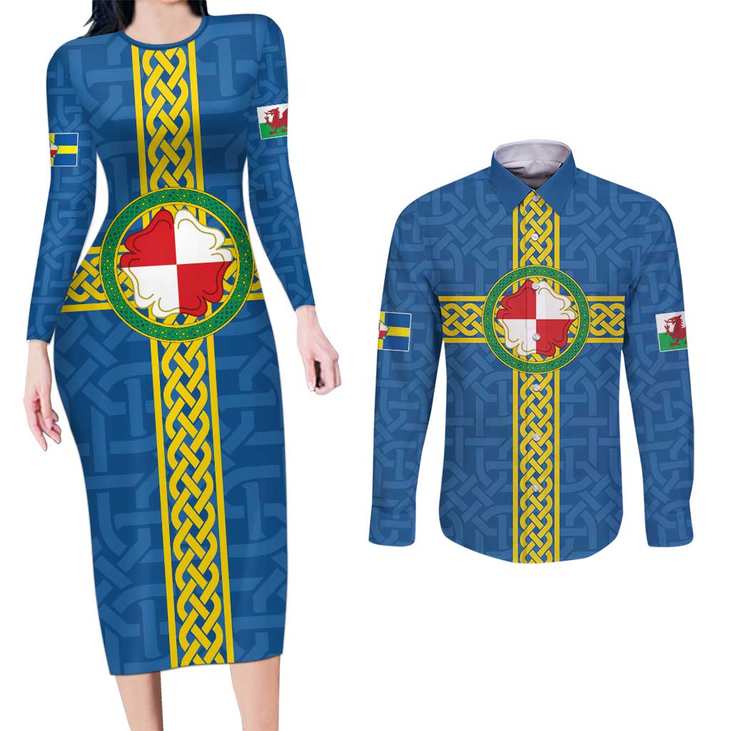 Pembrokeshire Wales Couples Matching Long Sleeve Bodycon Dress and Long Sleeve Button Shirt Flag And Map Celtic Style - Wonder Print Shop
