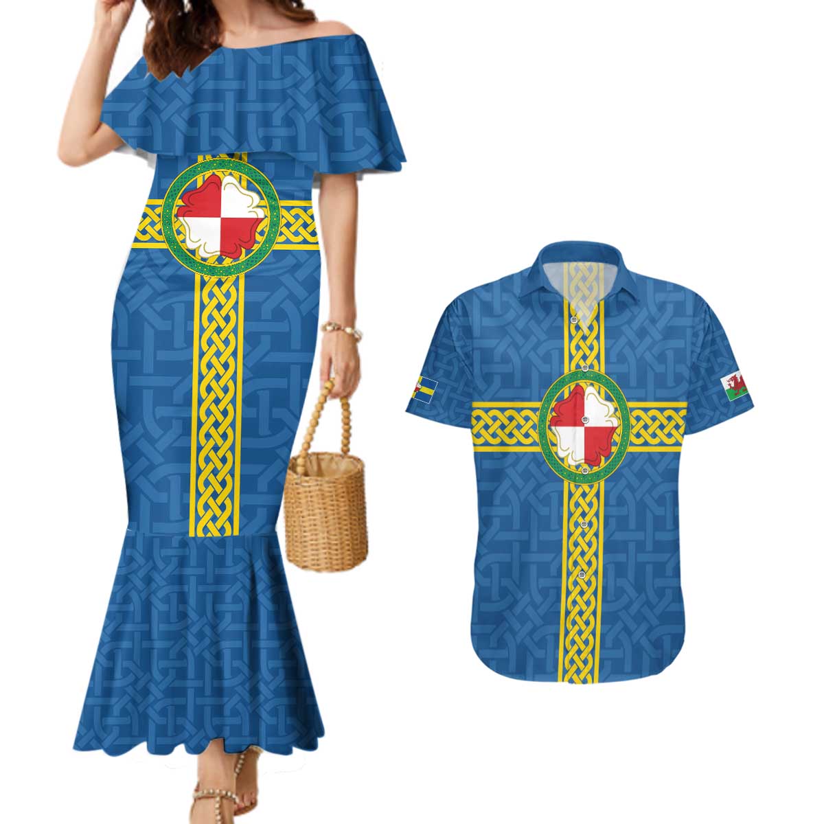 Pembrokeshire Wales Couples Matching Mermaid Dress and Hawaiian Shirt Flag And Map Celtic Style - Wonder Print Shop