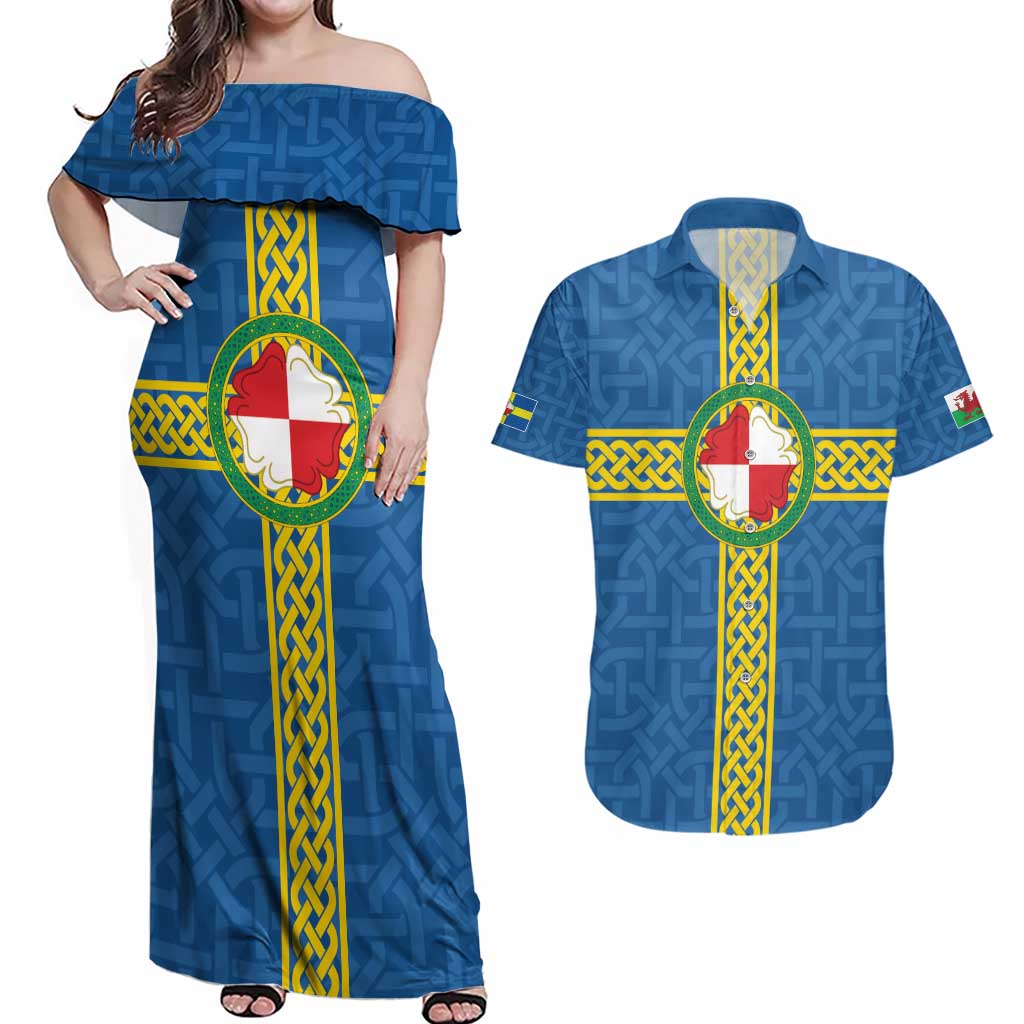 Pembrokeshire Wales Couples Matching Off Shoulder Maxi Dress and Hawaiian Shirt Flag And Map Celtic Style - Wonder Print Shop
