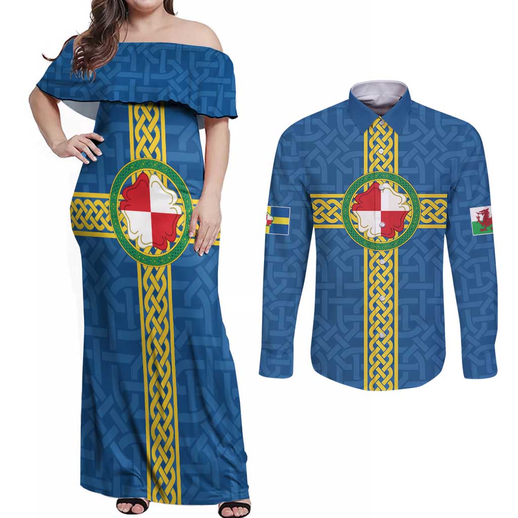 Pembrokeshire Wales Couples Matching Off Shoulder Maxi Dress and Long Sleeve Button Shirt Flag And Map Celtic Style - Wonder Print Shop