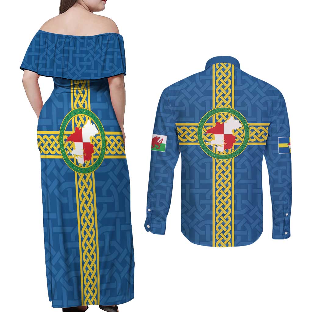 Pembrokeshire Wales Couples Matching Off Shoulder Maxi Dress and Long Sleeve Button Shirt Flag And Map Celtic Style - Wonder Print Shop