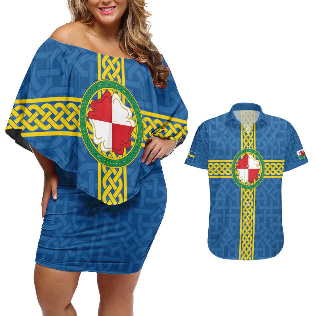 Pembrokeshire Wales Couples Matching Off Shoulder Short Dress and Hawaiian Shirt Flag And Map Celtic Style - Wonder Print Shop