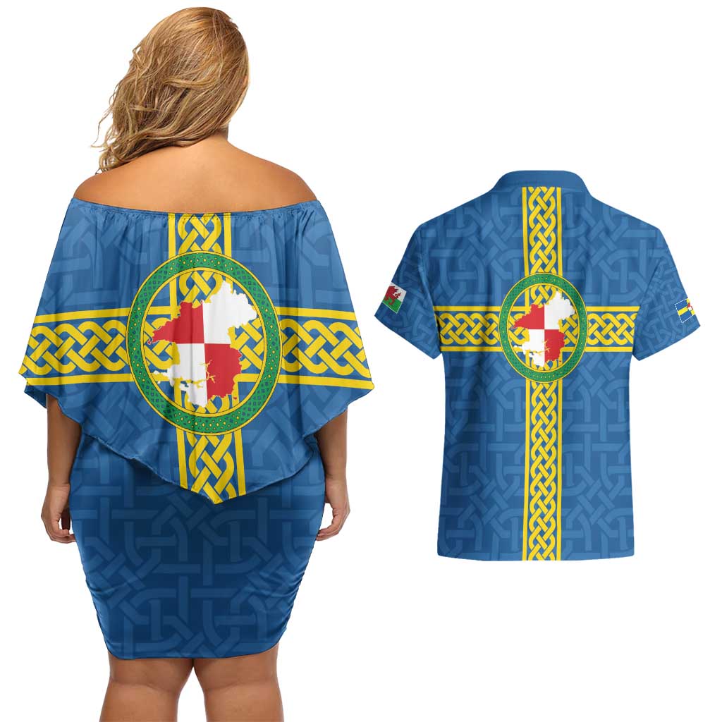 Pembrokeshire Wales Couples Matching Off Shoulder Short Dress and Hawaiian Shirt Flag And Map Celtic Style - Wonder Print Shop