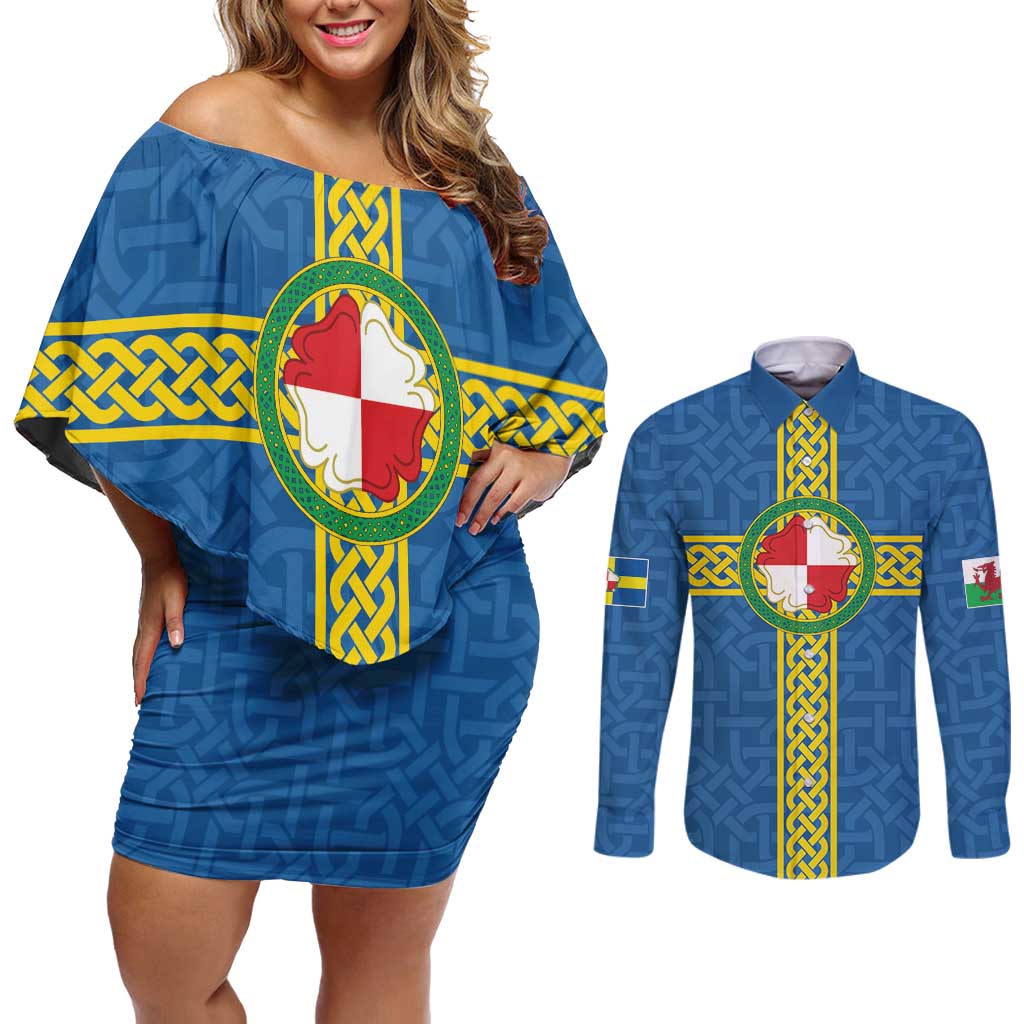 Pembrokeshire Wales Couples Matching Off Shoulder Short Dress and Long Sleeve Button Shirt Flag And Map Celtic Style - Wonder Print Shop
