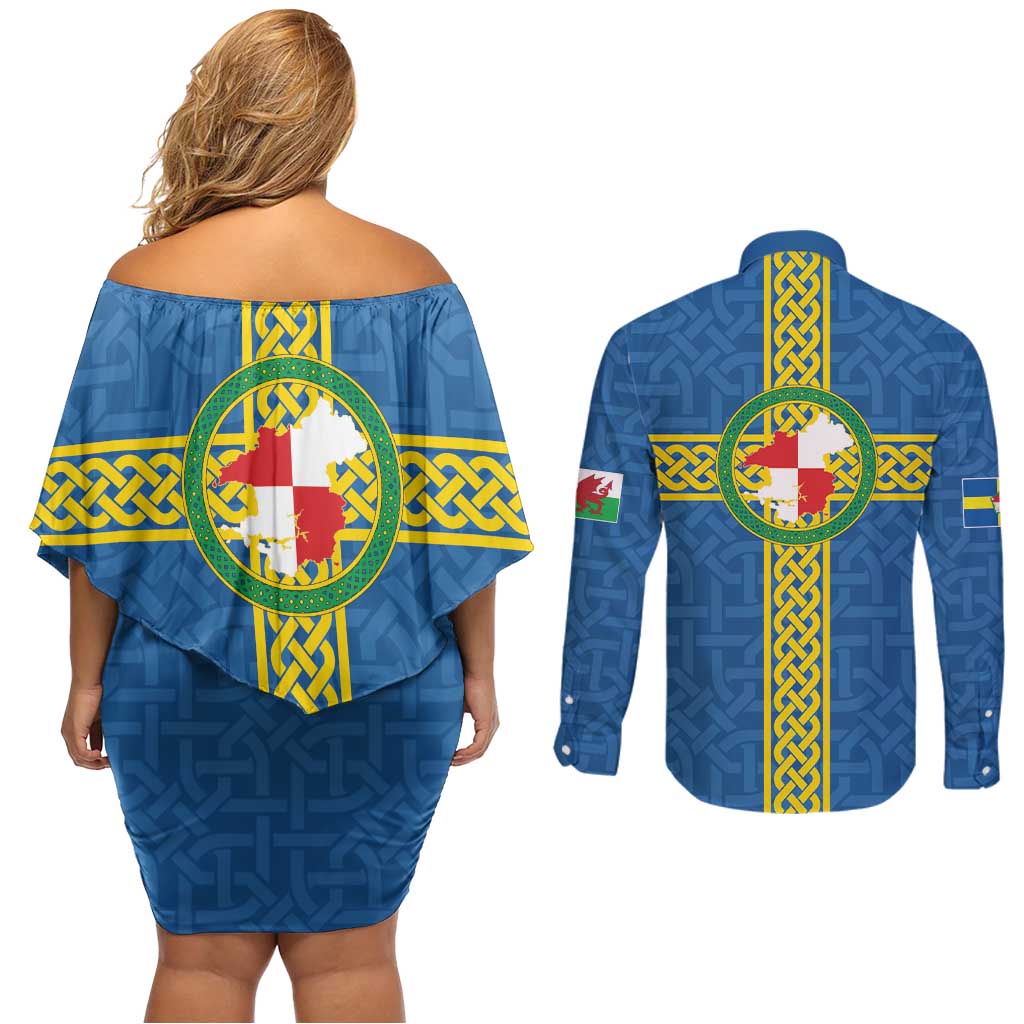 Pembrokeshire Wales Couples Matching Off Shoulder Short Dress and Long Sleeve Button Shirt Flag And Map Celtic Style - Wonder Print Shop