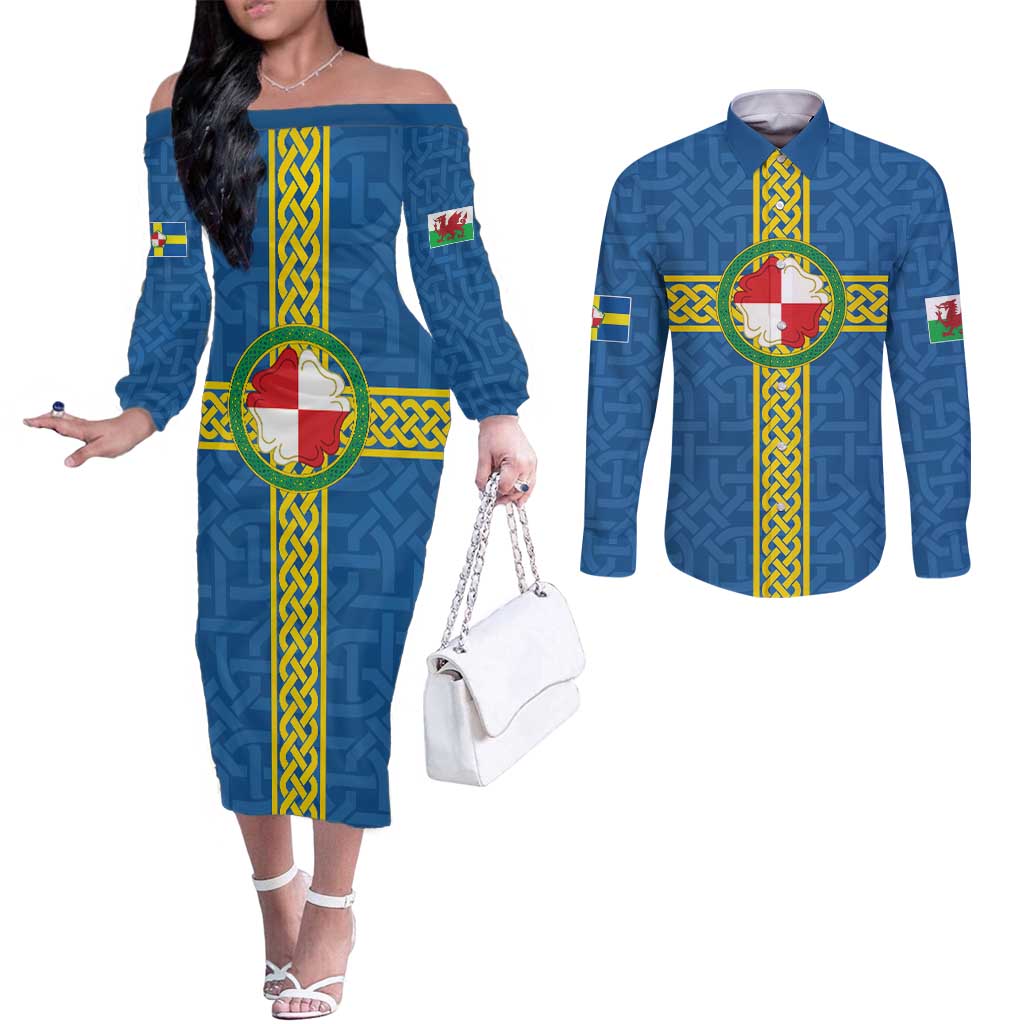 Pembrokeshire Wales Couples Matching Off The Shoulder Long Sleeve Dress and Long Sleeve Button Shirt Flag And Map Celtic Style - Wonder Print Shop