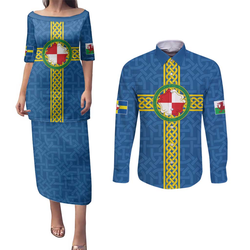 Pembrokeshire Wales Couples Matching Puletasi and Long Sleeve Button Shirt Flag And Map Celtic Style - Wonder Print Shop