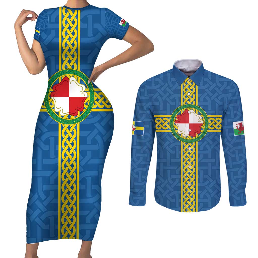 Pembrokeshire Wales Couples Matching Short Sleeve Bodycon Dress and Long Sleeve Button Shirt Flag And Map Celtic Style - Wonder Print Shop