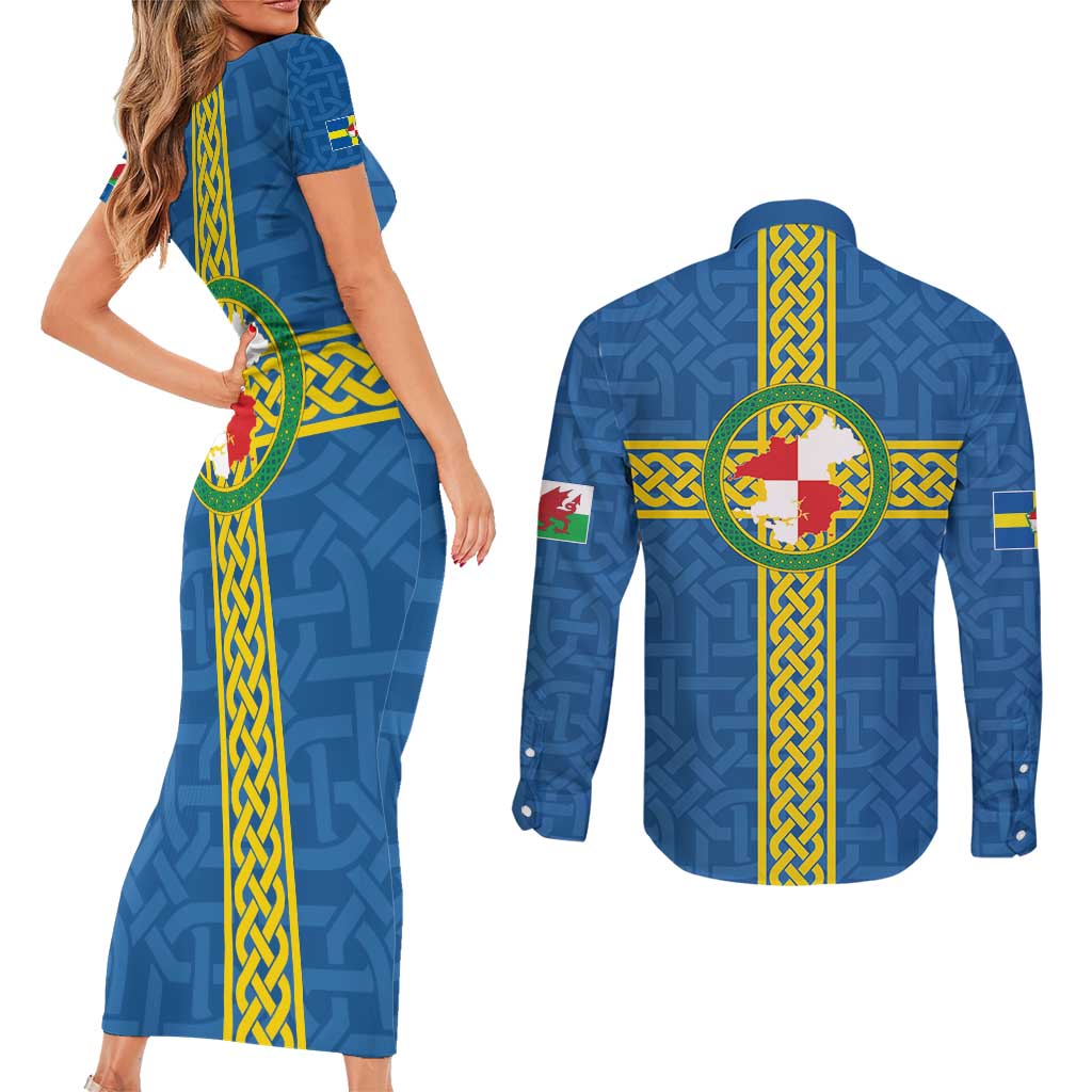 Pembrokeshire Wales Couples Matching Short Sleeve Bodycon Dress and Long Sleeve Button Shirt Flag And Map Celtic Style - Wonder Print Shop