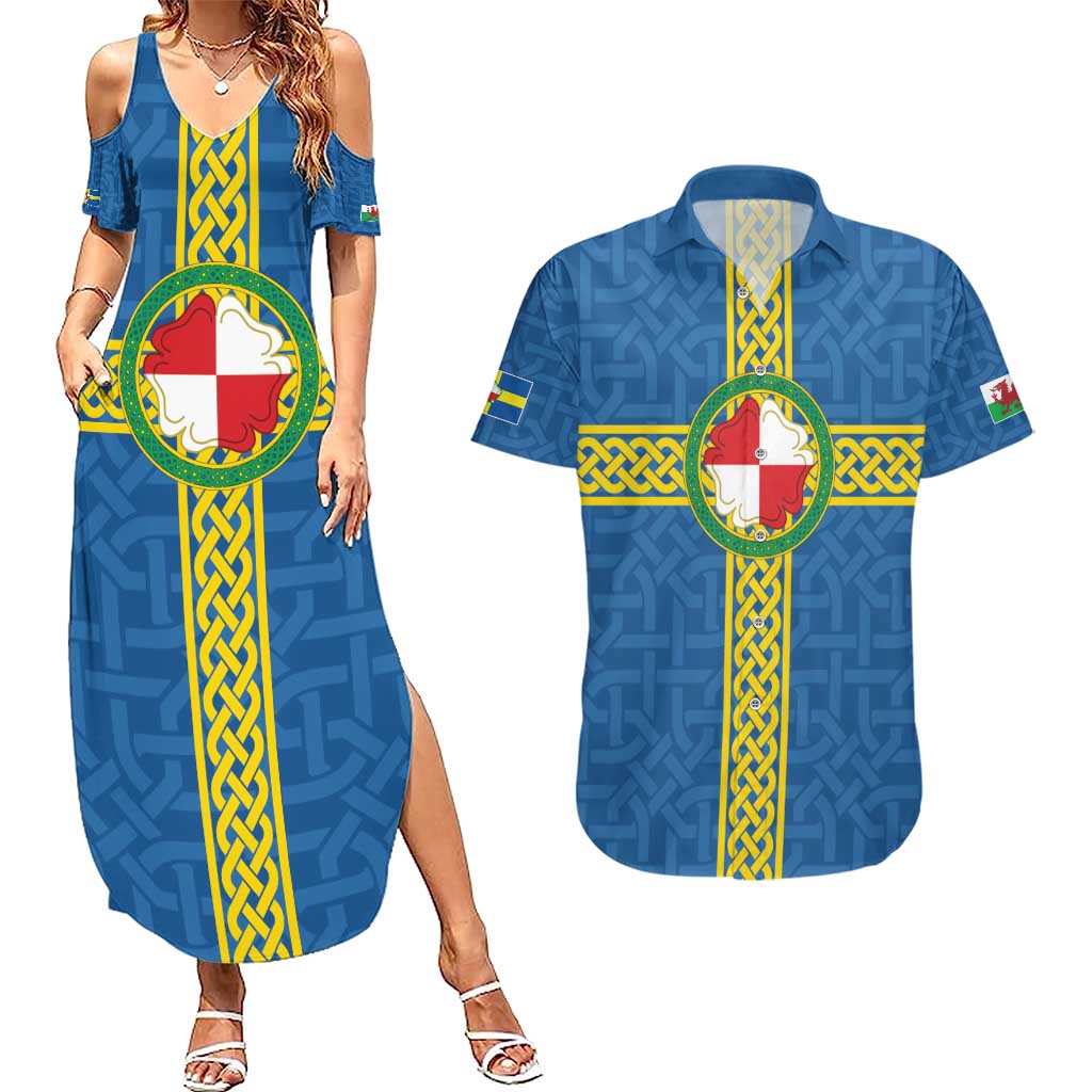 Pembrokeshire Wales Couples Matching Summer Maxi Dress and Hawaiian Shirt Flag And Map Celtic Style - Wonder Print Shop