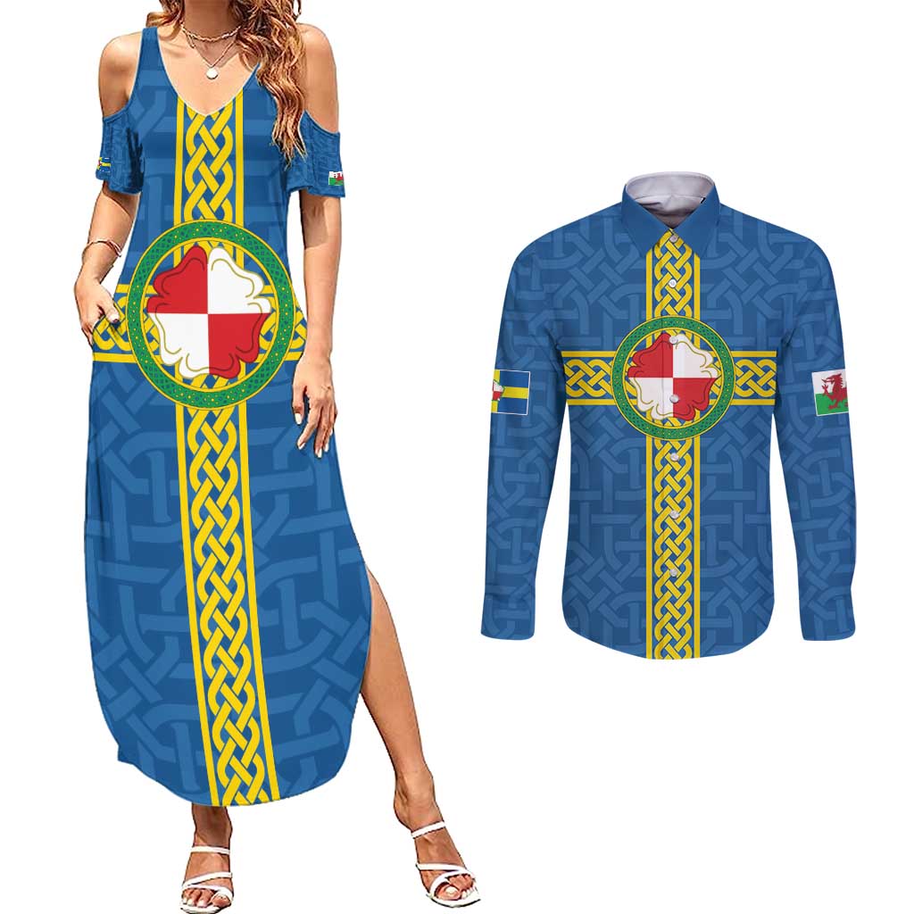 Pembrokeshire Wales Couples Matching Summer Maxi Dress and Long Sleeve Button Shirt Flag And Map Celtic Style - Wonder Print Shop