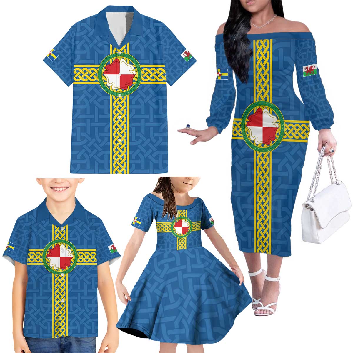 Pembrokeshire Wales Family Matching Off The Shoulder Long Sleeve Dress and Hawaiian Shirt Flag And Map Celtic Style - Wonder Print Shop