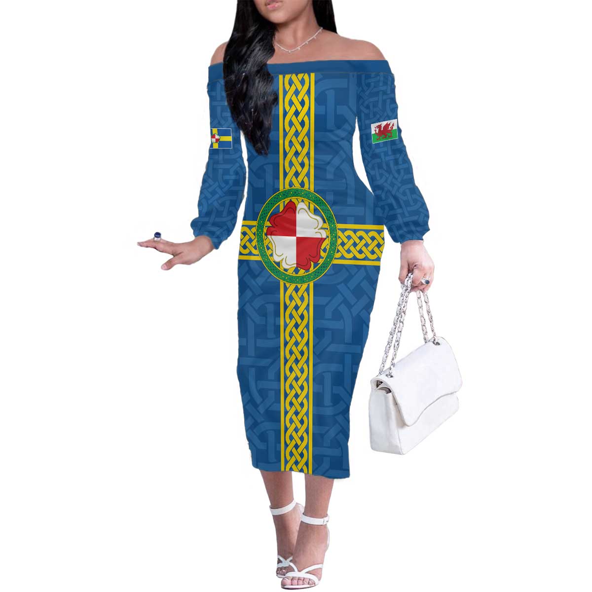 Pembrokeshire Wales Family Matching Off The Shoulder Long Sleeve Dress and Hawaiian Shirt Flag And Map Celtic Style - Wonder Print Shop