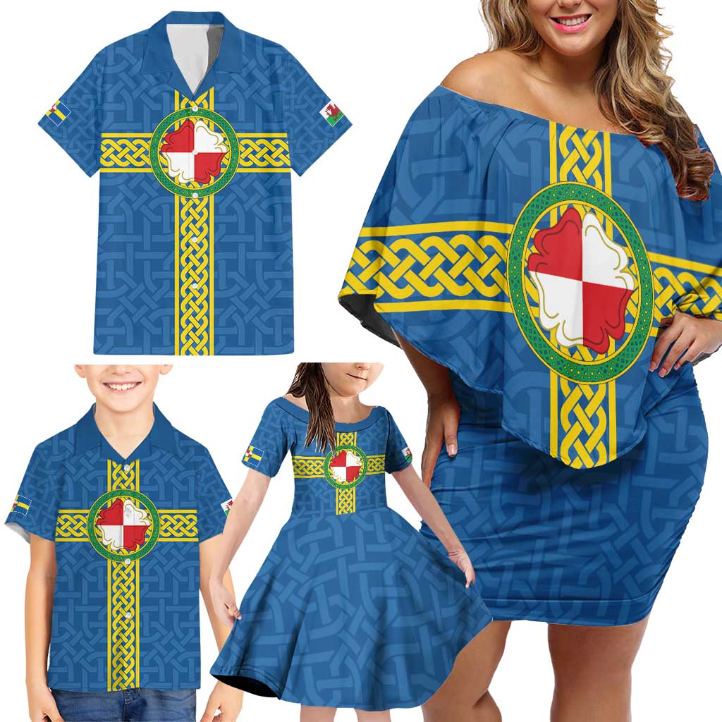 Pembrokeshire Wales Family Matching Off Shoulder Short Dress and Hawaiian Shirt Flag And Map Celtic Style - Wonder Print Shop
