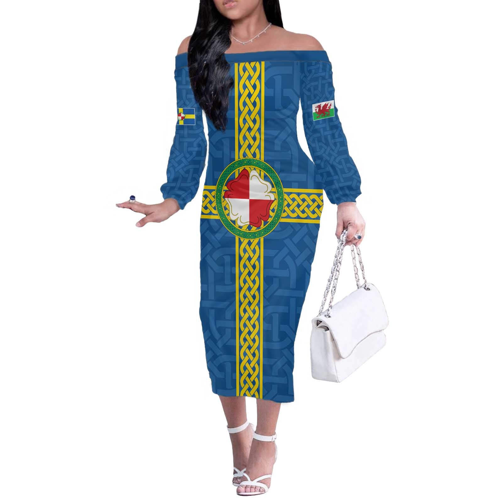 Pembrokeshire Wales Off The Shoulder Long Sleeve Dress Flag And Map Celtic Style - Wonder Print Shop