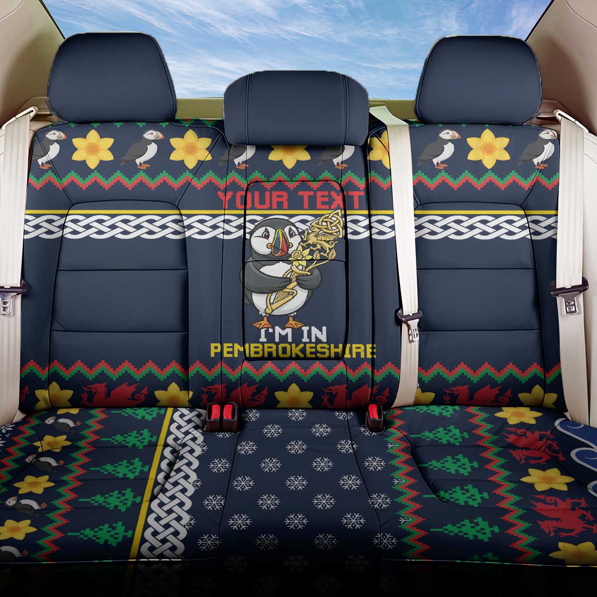 Personalized Pembrokeshire Wales Christmas Back Car Seat Cover The Lovespoon Puffin - Wonder Print Shop