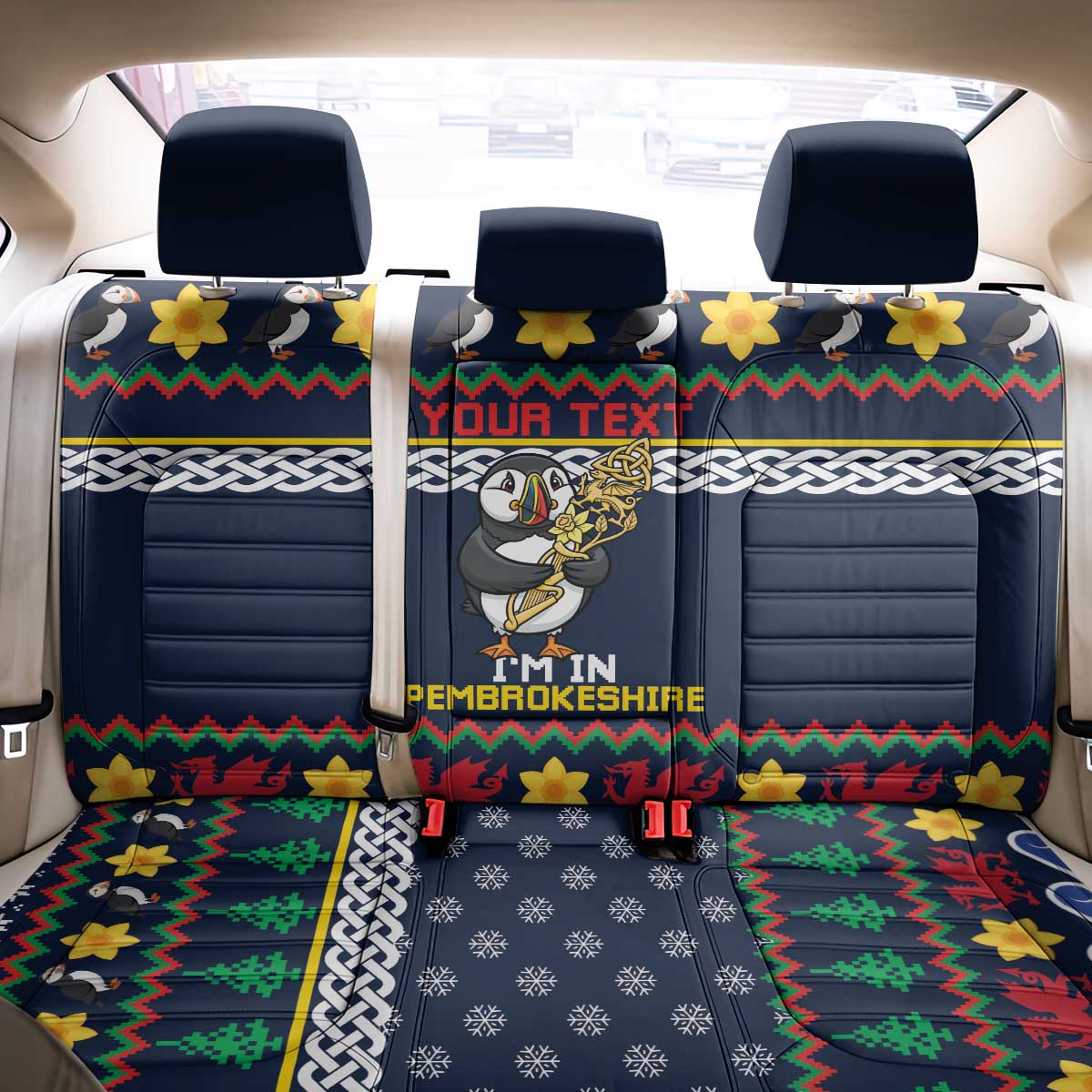 Personalized Pembrokeshire Wales Christmas Back Car Seat Cover The Lovespoon Puffin - Wonder Print Shop