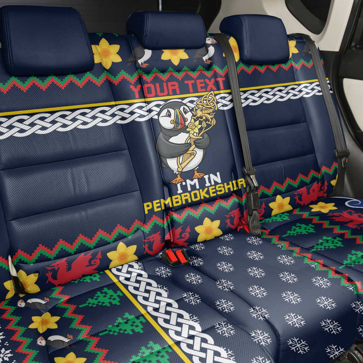 Personalized Pembrokeshire Wales Christmas Back Car Seat Cover The Lovespoon Puffin - Wonder Print Shop
