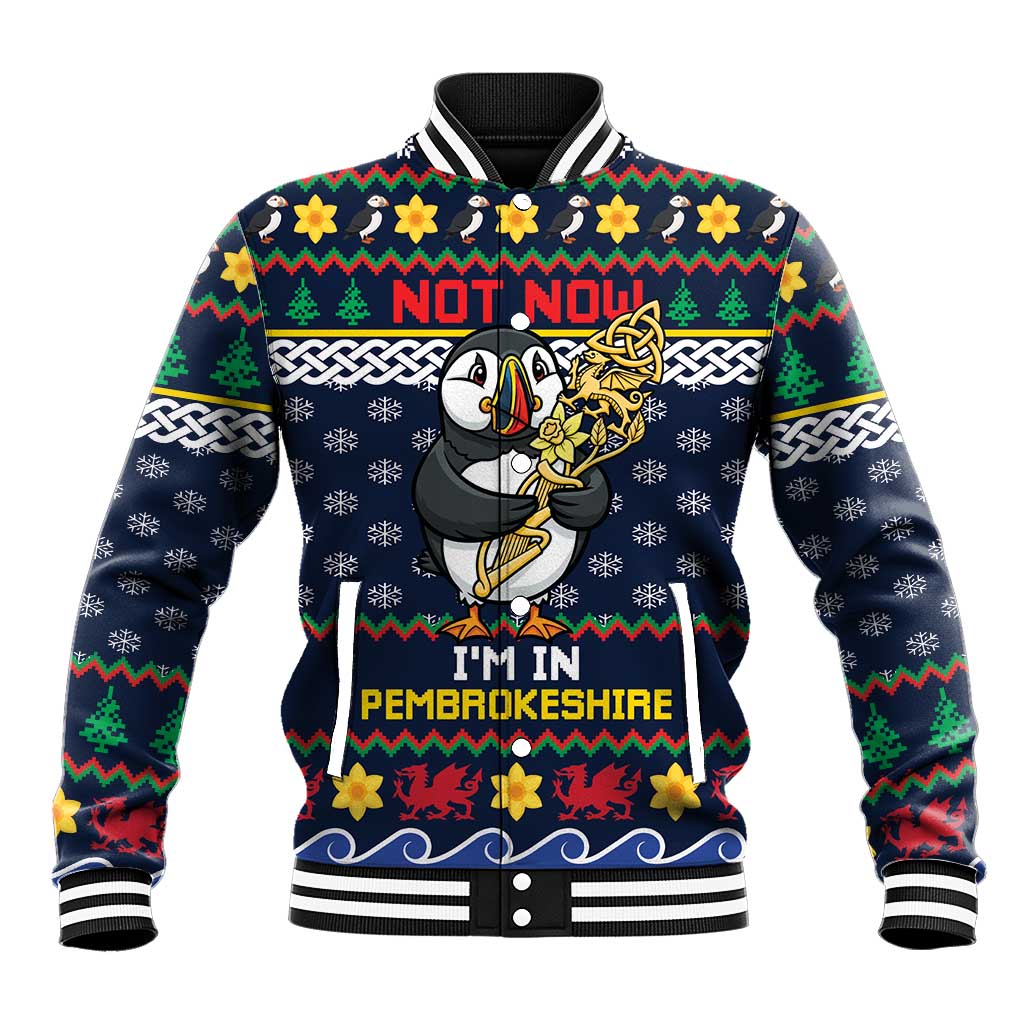 Personalized Pembrokeshire Wales Christmas Baseball Jacket The Lovespoon Puffin - Wonder Print Shop
