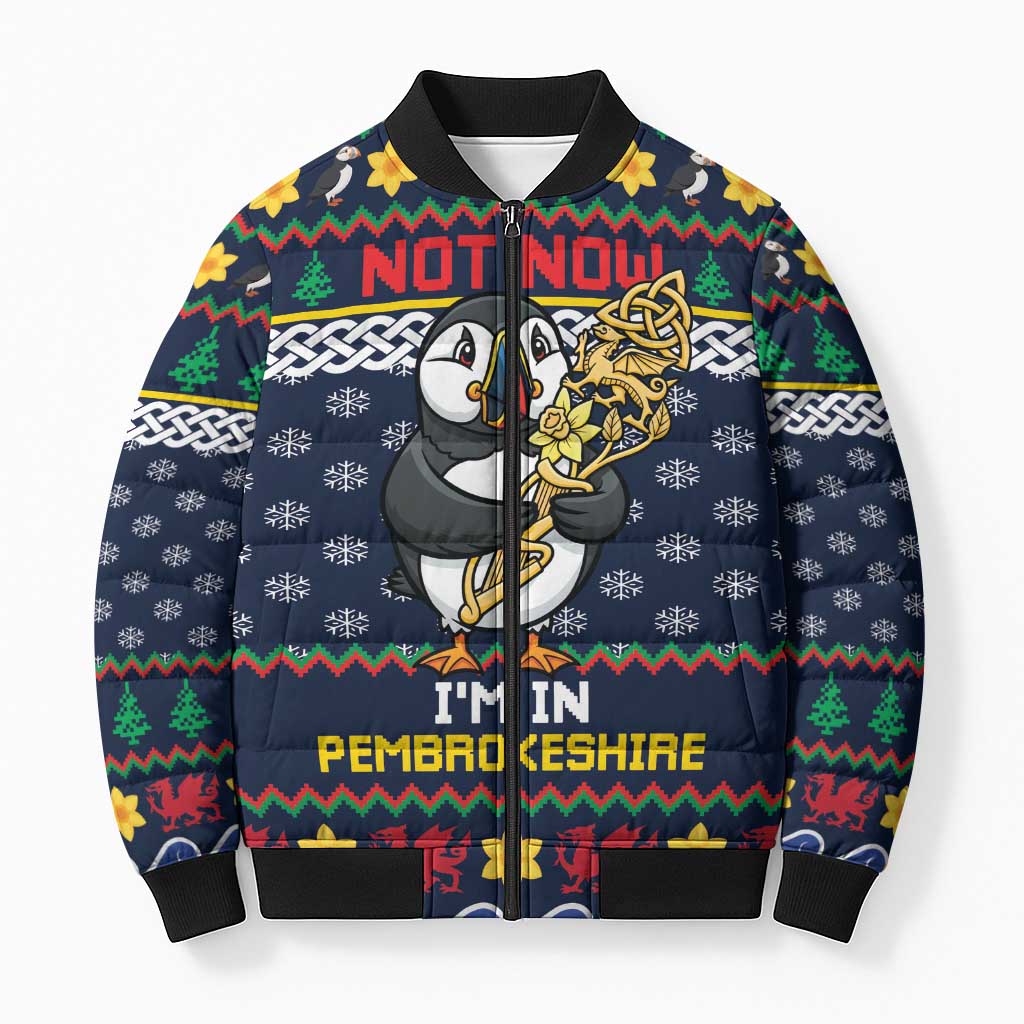 Personalized Pembrokeshire Wales Christmas Bomber Puffer Jacket The Lovespoon Puffin - Wonder Print Shop