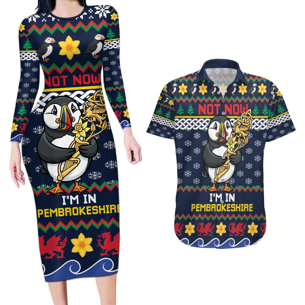 Personalized Pembrokeshire Wales Christmas Couples Matching Long Sleeve Bodycon Dress and Hawaiian Shirt The Lovespoon Puffin - Wonder Print Shop