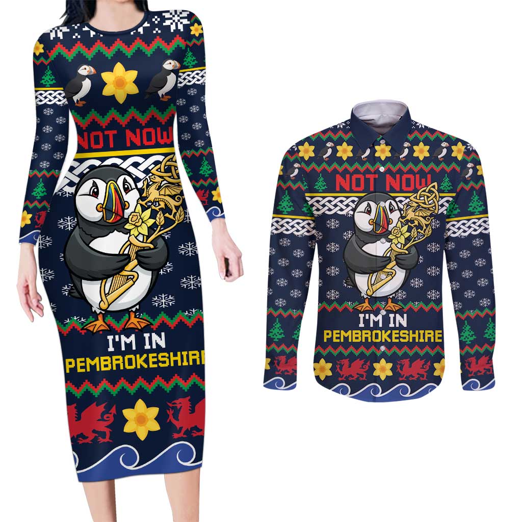 Personalized Pembrokeshire Wales Christmas Couples Matching Long Sleeve Bodycon Dress and Long Sleeve Button Shirt The Lovespoon Puffin - Wonder Print Shop