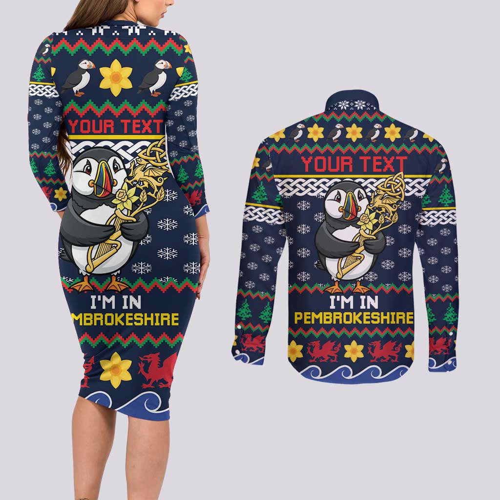 Personalized Pembrokeshire Wales Christmas Couples Matching Long Sleeve Bodycon Dress and Long Sleeve Button Shirt The Lovespoon Puffin - Wonder Print Shop