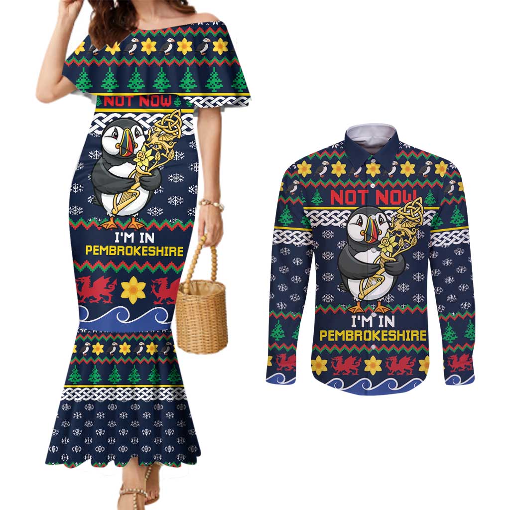 Personalized Pembrokeshire Wales Christmas Couples Matching Mermaid Dress and Long Sleeve Button Shirt The Lovespoon Puffin - Wonder Print Shop