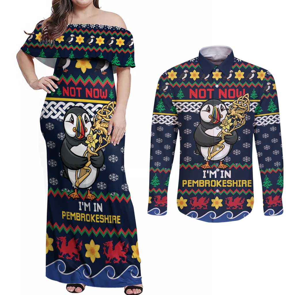 Personalized Pembrokeshire Wales Christmas Couples Matching Off Shoulder Maxi Dress and Long Sleeve Button Shirt The Lovespoon Puffin - Wonder Print Shop