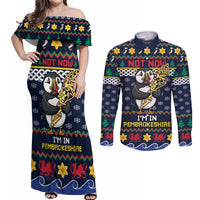 Personalized Pembrokeshire Wales Christmas Couples Matching Off Shoulder Maxi Dress and Long Sleeve Button Shirt The Lovespoon Puffin - Wonder Print Shop