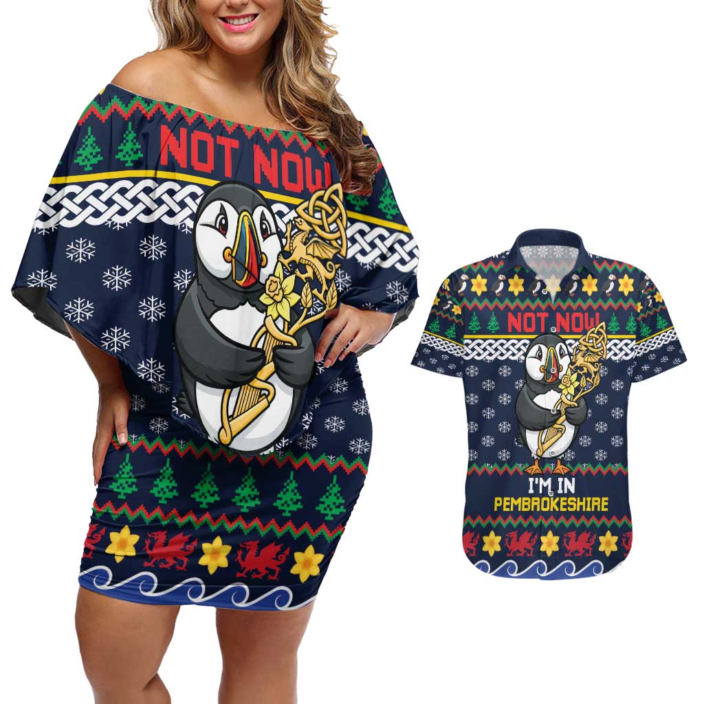 Personalized Pembrokeshire Wales Christmas Couples Matching Off Shoulder Short Dress and Hawaiian Shirt The Lovespoon Puffin - Wonder Print Shop