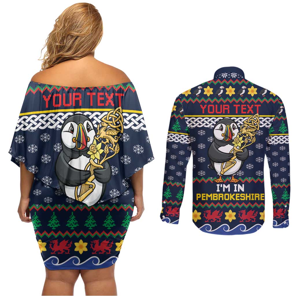 Personalized Pembrokeshire Wales Christmas Couples Matching Off Shoulder Short Dress and Long Sleeve Button Shirt The Lovespoon Puffin - Wonder Print Shop