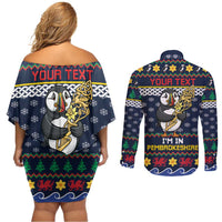 Personalized Pembrokeshire Wales Christmas Couples Matching Off Shoulder Short Dress and Long Sleeve Button Shirt The Lovespoon Puffin - Wonder Print Shop