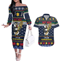 Personalized Pembrokeshire Wales Christmas Couples Matching Off The Shoulder Long Sleeve Dress and Hawaiian Shirt The Lovespoon Puffin - Wonder Print Shop