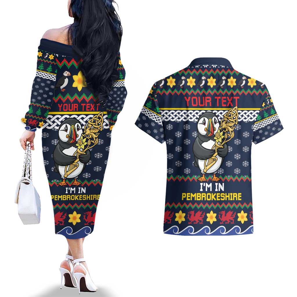 Personalized Pembrokeshire Wales Christmas Couples Matching Off The Shoulder Long Sleeve Dress and Hawaiian Shirt The Lovespoon Puffin - Wonder Print Shop