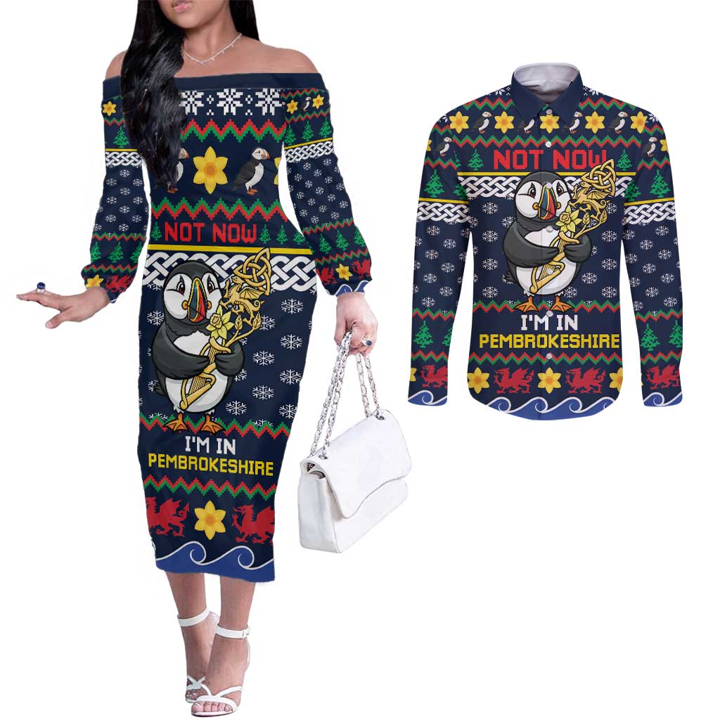 Personalized Pembrokeshire Wales Christmas Couples Matching Off The Shoulder Long Sleeve Dress and Long Sleeve Button Shirt The Lovespoon Puffin - Wonder Print Shop