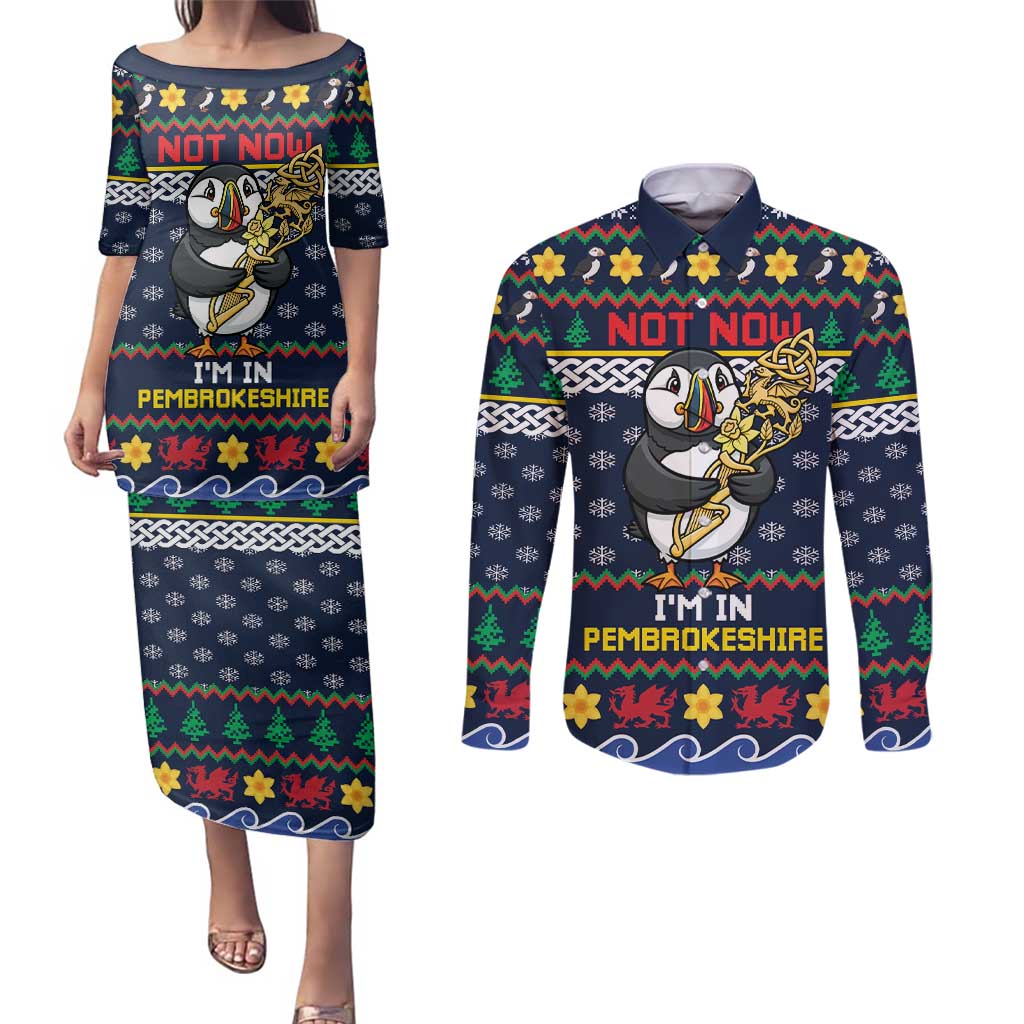 Personalized Pembrokeshire Wales Christmas Couples Matching Puletasi and Long Sleeve Button Shirt The Lovespoon Puffin - Wonder Print Shop