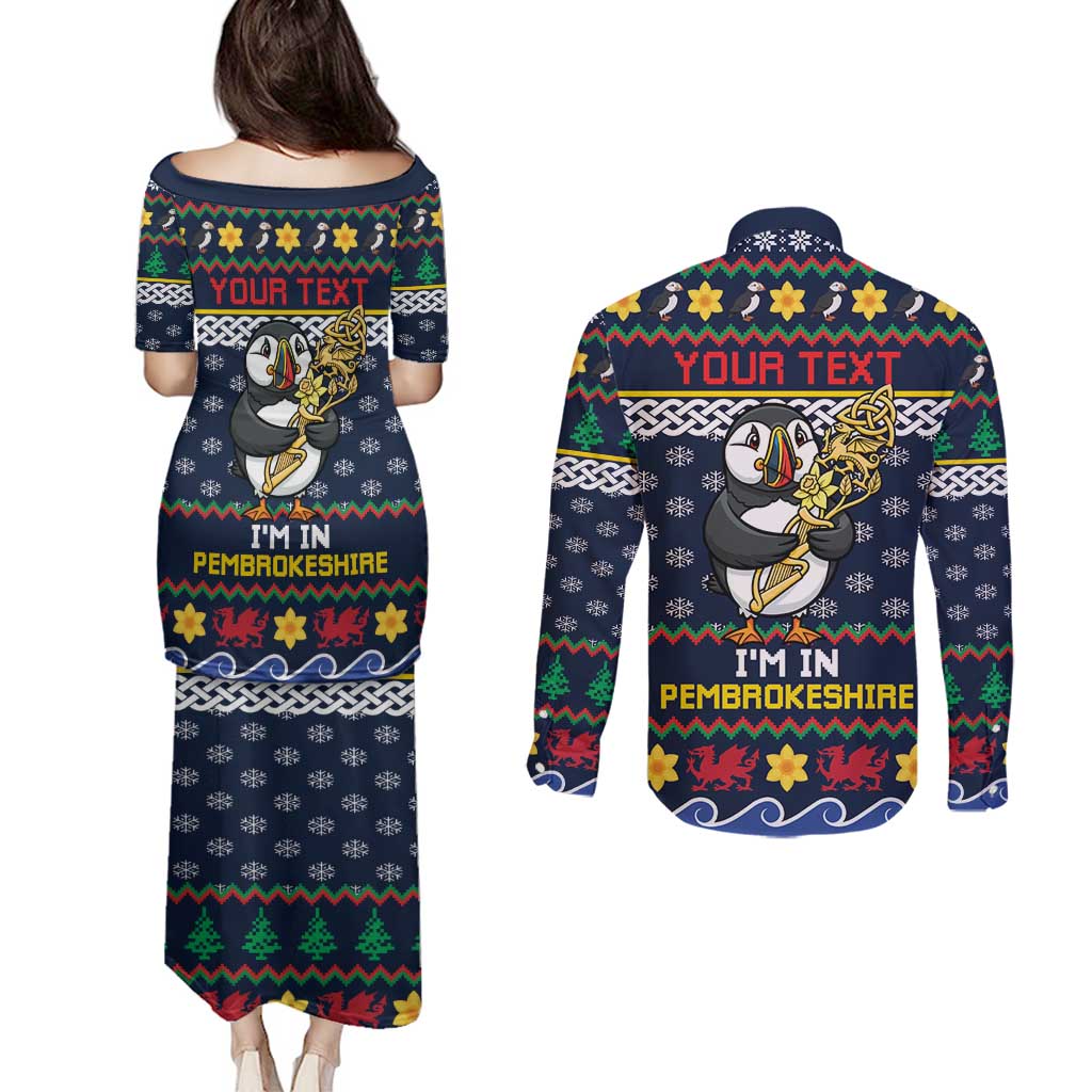 Personalized Pembrokeshire Wales Christmas Couples Matching Puletasi and Long Sleeve Button Shirt The Lovespoon Puffin - Wonder Print Shop