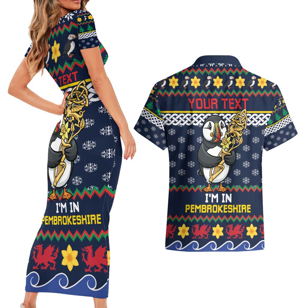 Personalized Pembrokeshire Wales Christmas Couples Matching Short Sleeve Bodycon Dress and Hawaiian Shirt The Lovespoon Puffin - Wonder Print Shop