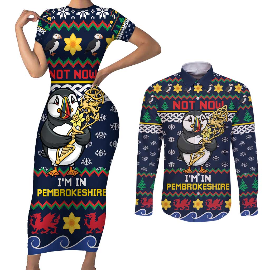 Personalized Pembrokeshire Wales Christmas Couples Matching Short Sleeve Bodycon Dress and Long Sleeve Button Shirt The Lovespoon Puffin - Wonder Print Shop