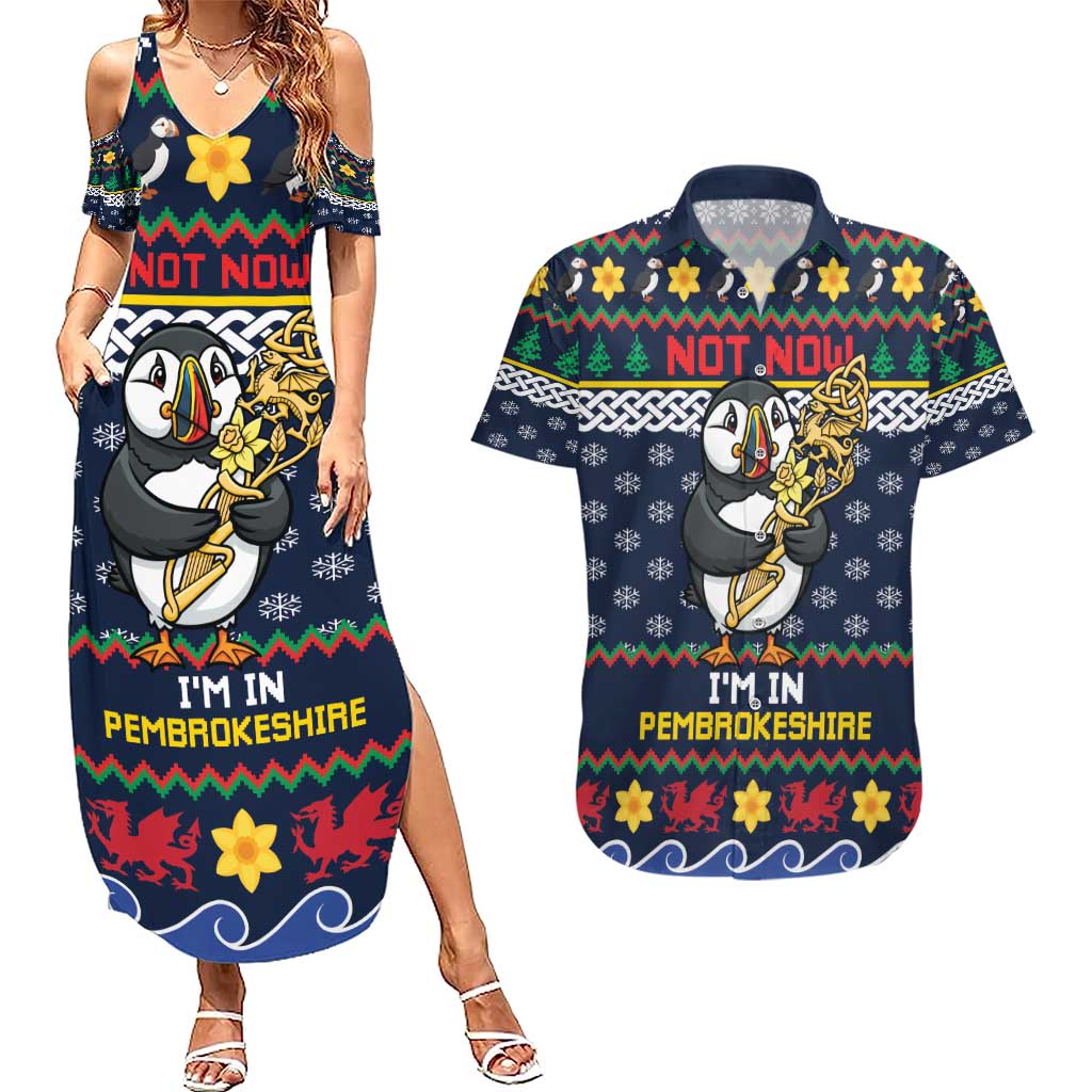 Personalized Pembrokeshire Wales Christmas Couples Matching Summer Maxi Dress and Hawaiian Shirt The Lovespoon Puffin - Wonder Print Shop