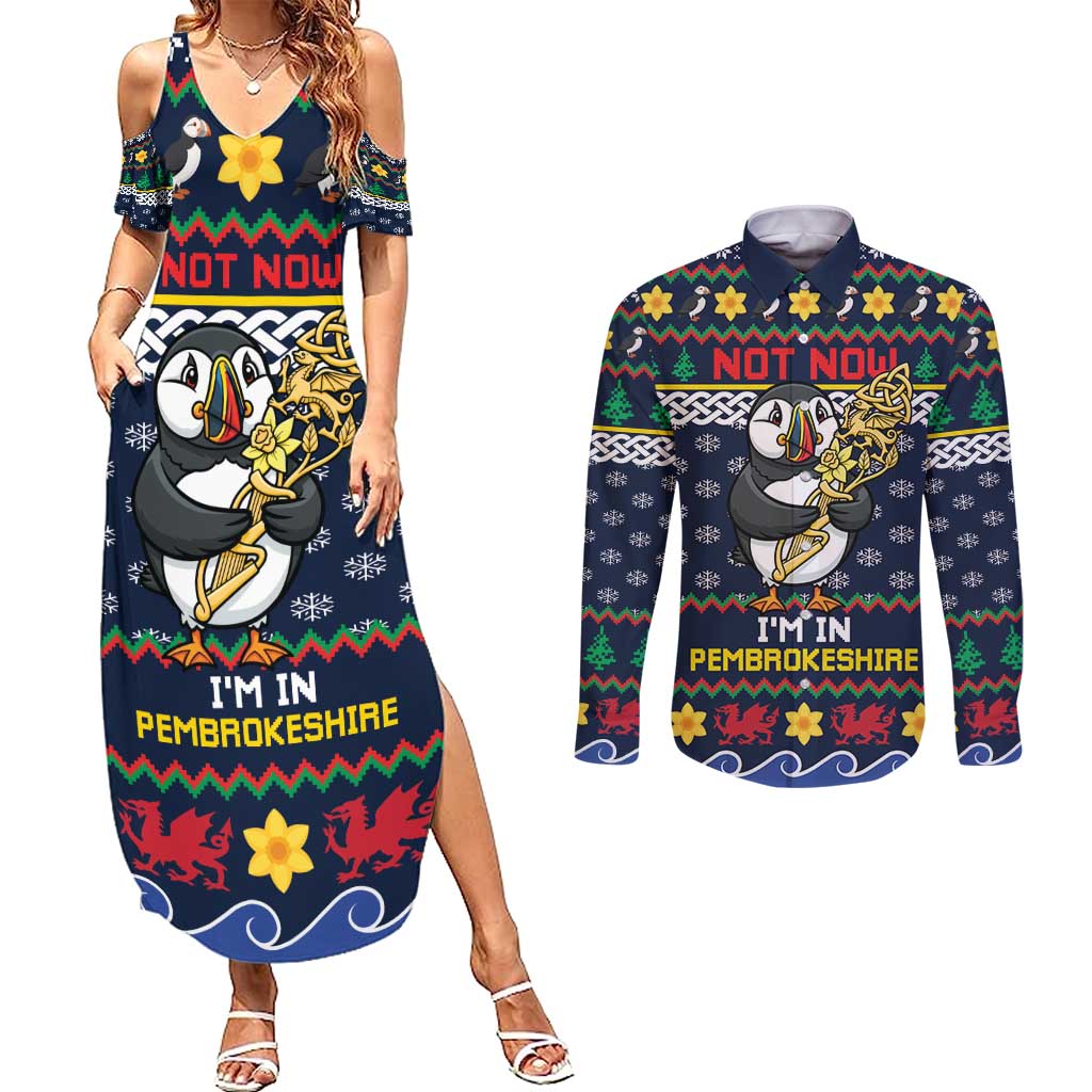 Personalized Pembrokeshire Wales Christmas Couples Matching Summer Maxi Dress and Long Sleeve Button Shirt The Lovespoon Puffin - Wonder Print Shop