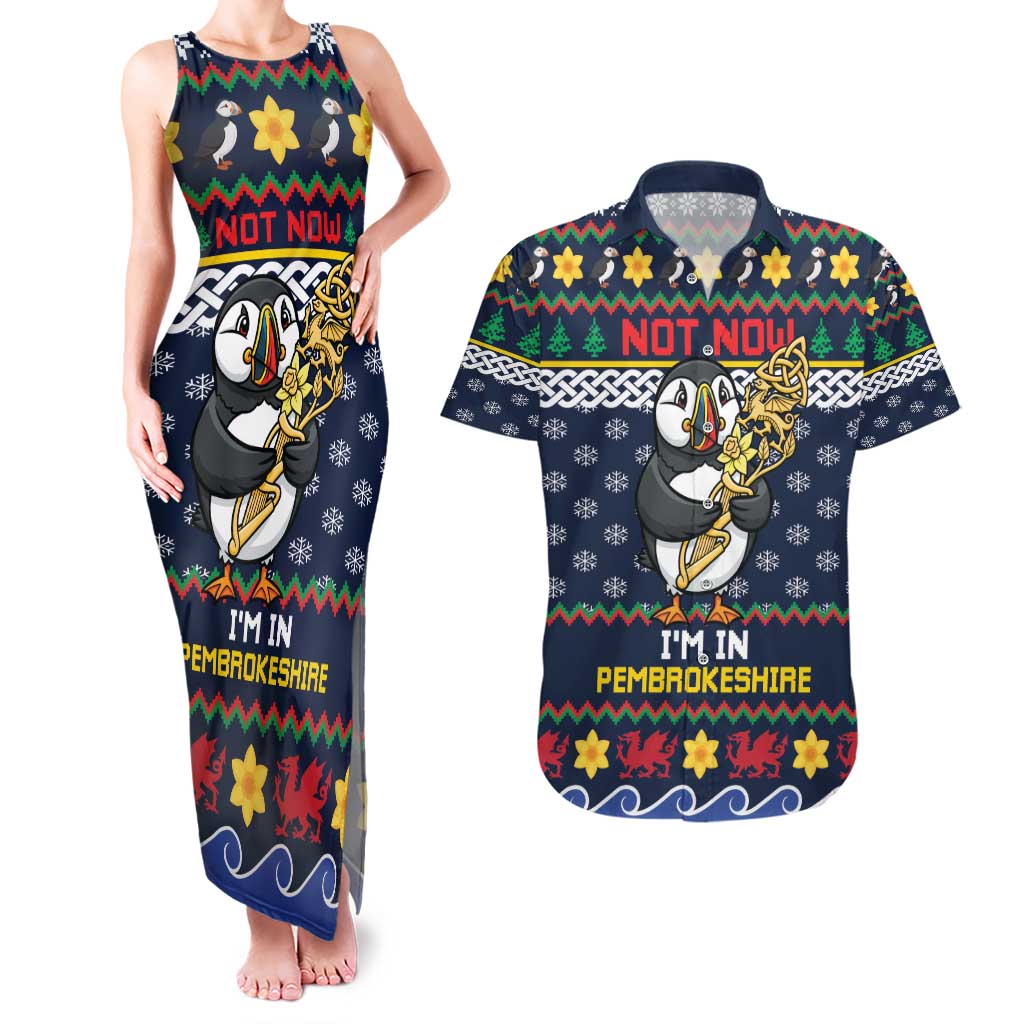 Personalized Pembrokeshire Wales Christmas Couples Matching Tank Maxi Dress and Hawaiian Shirt The Lovespoon Puffin - Wonder Print Shop