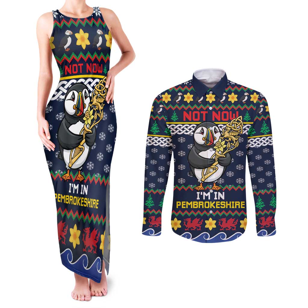 Personalized Pembrokeshire Wales Christmas Couples Matching Tank Maxi Dress and Long Sleeve Button Shirt The Lovespoon Puffin - Wonder Print Shop