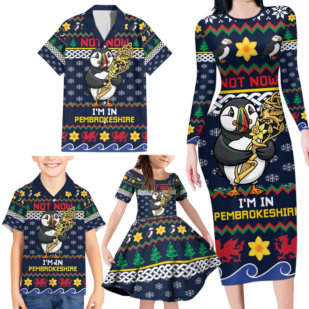 Personalized Pembrokeshire Wales Christmas Family Matching Long Sleeve Bodycon Dress and Hawaiian Shirt The Lovespoon Puffin - Wonder Print Shop