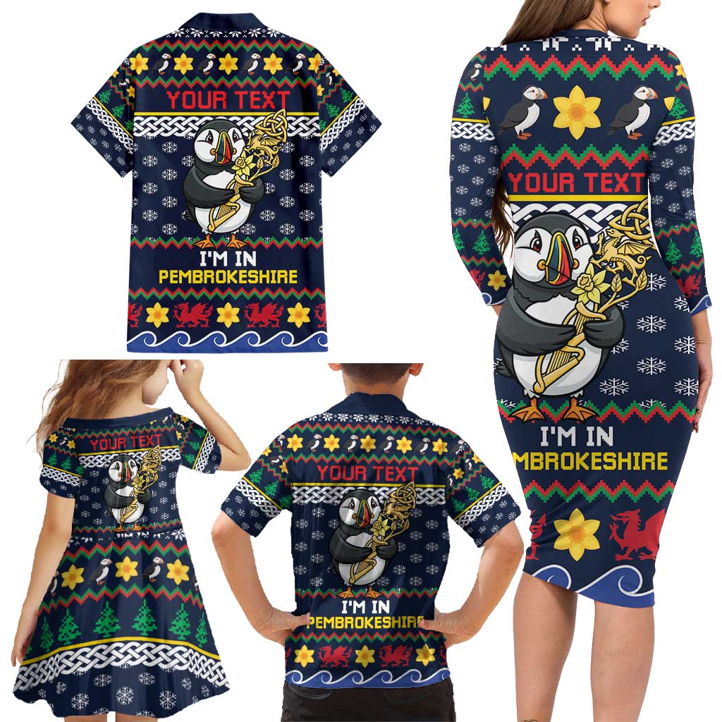 Personalized Pembrokeshire Wales Christmas Family Matching Long Sleeve Bodycon Dress and Hawaiian Shirt The Lovespoon Puffin - Wonder Print Shop
