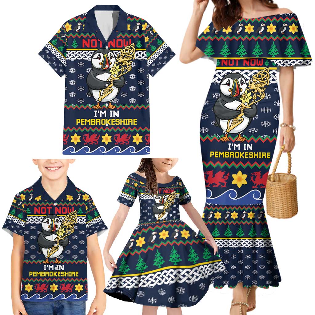 Personalized Pembrokeshire Wales Christmas Family Matching Mermaid Dress and Hawaiian Shirt The Lovespoon Puffin - Wonder Print Shop