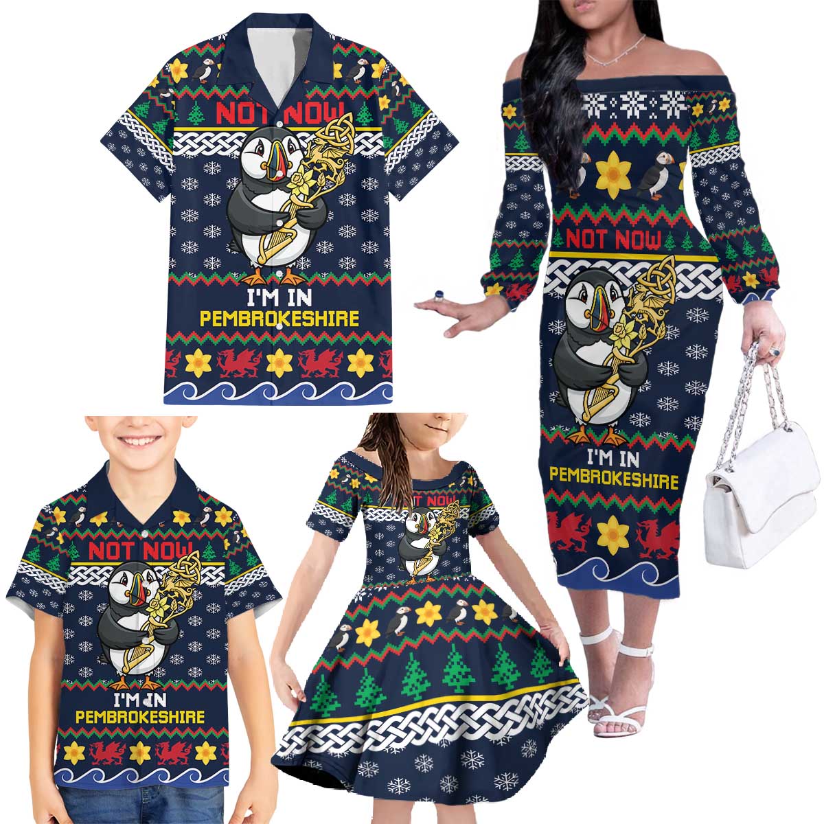 Personalized Pembrokeshire Wales Christmas Family Matching Off The Shoulder Long Sleeve Dress and Hawaiian Shirt The Lovespoon Puffin - Wonder Print Shop